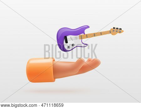 3d Cartoon Human Hand Holding Toy Electric Guitar Vector Design Elements. Little String Music Equipm