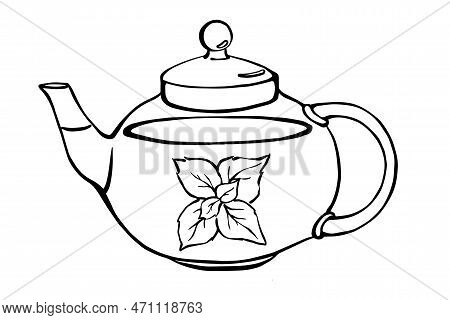 Transparent Tea Pot With Mint Leaves Inside Black And White Outline Illustration Doodle Vector Drawi