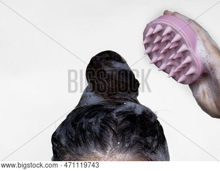 Woman Using Pink Scalp Massager Shampoo Brush With Silicone, Flexible Bristels