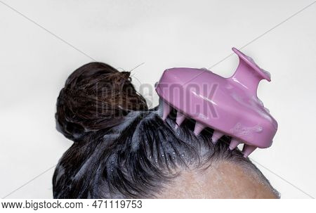 Woman Using Pink Scalp Massager Shampoo Brush With Silicone, Flexible Bristels