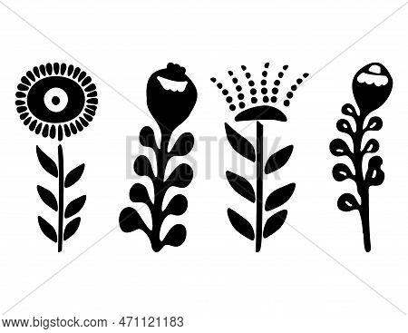 Folkart Flower Vector Illustration Set . Botanical Kids Scandi Garden Botanicals Collection.