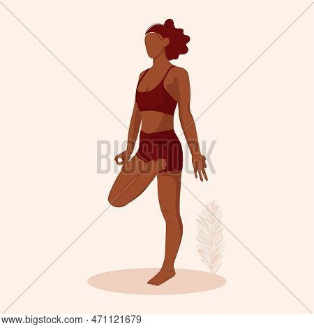 Beautiful Girl Is Doing Yoga.vrksasana.tree Pose.beige Colors.poster, Print, Banner.modern Flat Vect