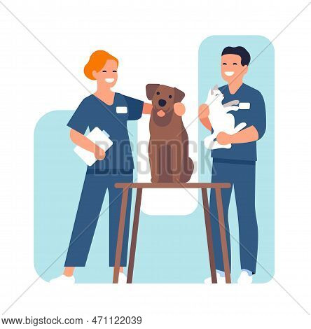 Vet Hospital. Happy Veterinarians. Man And Woman Caring Of Animals. Employees Of Veterinary Clinic W