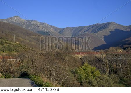 Horizontal View Of Hervas Mountain In Caceres With Greenway And Pinajarro Peak