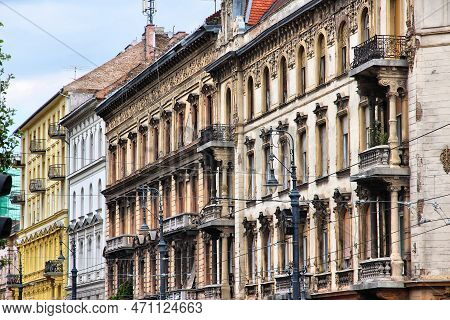 Belvaros Architecture In Budapest, Hungary. Ornate Apartment Buildings.
