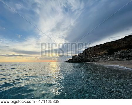 Scenic Sunset Over Ioninan Sea In Vlore Albania .