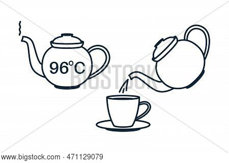 Tea, Coffee Making, Brew Process Icons. Hot Drink Brew