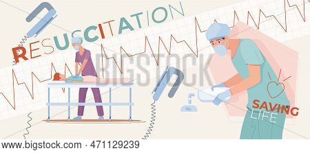 Resuscitation Intensive Care Composition With Collage Of Flat Human Characters Electroshock Devices 