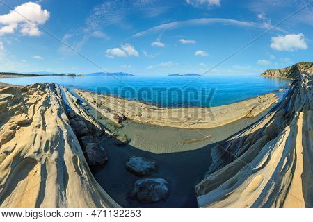 Morning Sea Rocky Coast Landscape (narta Lagoon, Vlore, Albania). Five Shots Stitch Panorama.