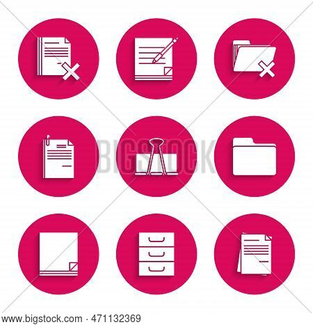 Set Binder Clip, Drawer With Documents, File, Document Folder, And Paper, Delete And File Icon. Vect