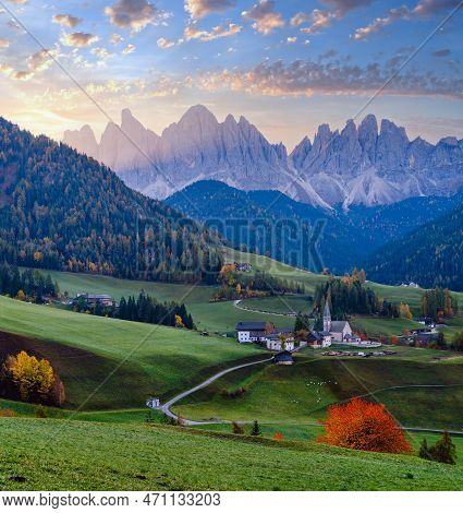 Autumn Daybreak Santa Magdalena Famous Italy Dolomites Village View In Front Of The Geisler Or Odle 