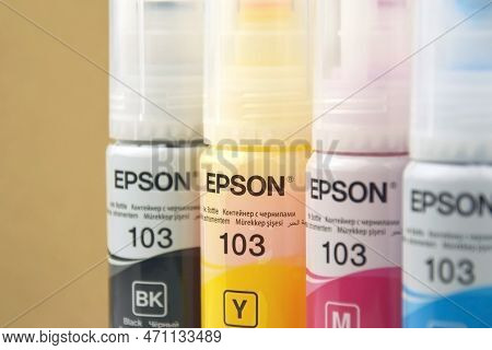 Four Bottles Of Ink Epson, Yellow, Red, Blue, Black, Built-in To The Epson L3150 Series Printer.