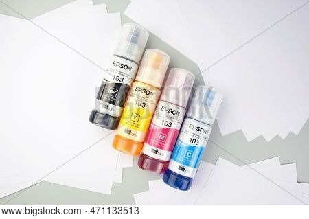 Four Bottles Of Ink Epson, Yellow, Red, Blue, Black, Built-in To The Epson L3150 Series Printer.