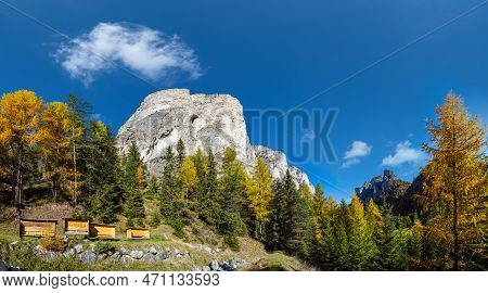 Autumn Alpine Dolomites Mountain Scene, Sudtirol, Italy. Peaceful View Near Wolkenstein In Groden, S