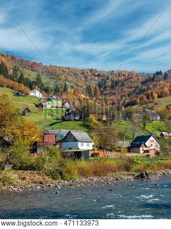 Autumn Carpathian Mountain White Tysa River Landscape With Multicolored Yellow-orange-red-brown Tree