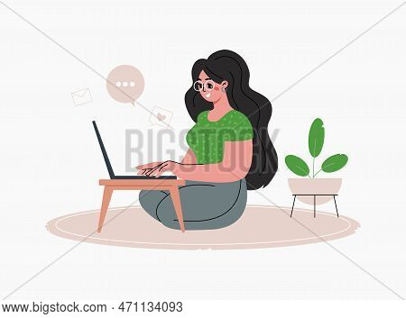 Young Woman Work, Studying Or Freelancing On Laptop From Home.vector Illustration