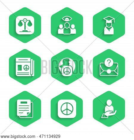 Set International Day Of Peace, Peace, Life Insurance In Hand, Envelope With Question Mark, Document