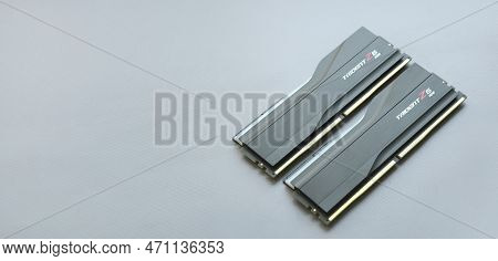 A Package Of G.skill Ddr 5 Trident Z 5 Rgb Desktop Memory On Light Background.