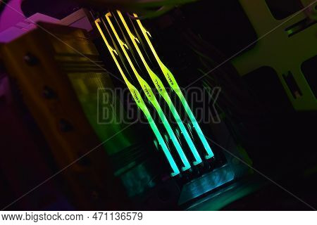 Luminous Panel Package Of G.skill Ddr 5 Trident Z 5 Rgb Desktop Memory On Light Background.