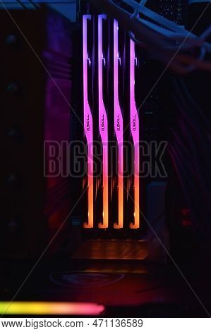 Luminous Panel Package Of G.skill Ddr 5 Trident Z 5 Rgb Desktop Memory On Light Background.