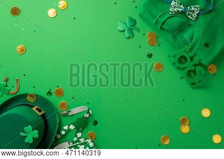 Saint Patrick's Day Concept. Top View Photo Of Green Shirt Irish Party Glasses Suspenders Bow-tie Le