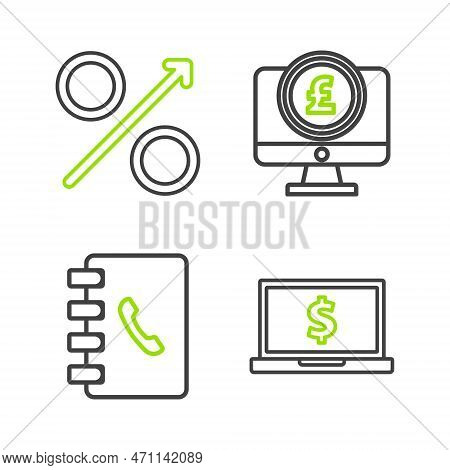 Set Line Laptop With Dollar Symbol, Address Book, Computer Monitor Pound Sterling And Percent Up Arr