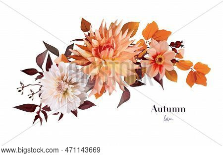Beautiful Autumn Dahlia Bouquet. Fall Orange, Peach Cream Flowers, Yellow Eucalyptus Branches, Red W