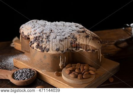 Colomba With Chocolate. Easter Italian Cake With Almonds And Chocolate In The Shape Of A Dove. Festi
