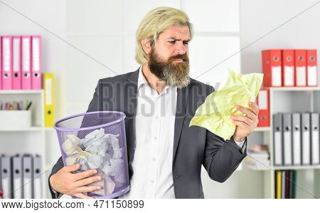 Vile Work. Recover Document. Recover Files After Deletion. Businessman Hold Trash Can. Man Look For 