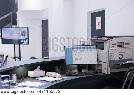 List Of Patients Appoinments Displayed On Desktop Computer Screen On Registration Counter Of Health 