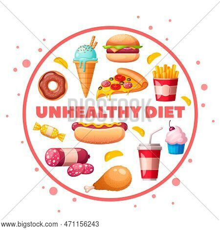 Nutritionist Dietitian Food To Avoid Unhealthy Products Cartoon Circular Composition With Hamburger 