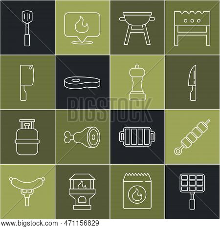 Set Line Barbecue Steel Grid, Grilled Shish Kebab, Knife, Grill, Steak Meat, Meat Chopper, Spatula A
