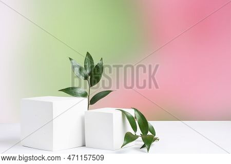 Cosmetic Gradient Background With Geometric Shapes And A Ruskus Branch. Two Cubic Podiums In White A