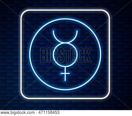 Glowing Neon Line Ancient Astrological Symbol Of Mercury Icon Isolated On Brick Wall Background. Ast