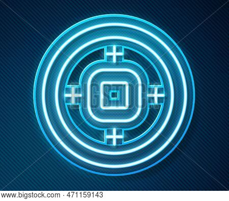 Glowing Neon Line Chinese Yuan Currency Symbol Icon Isolated On Blue Background. Coin Money. Banking