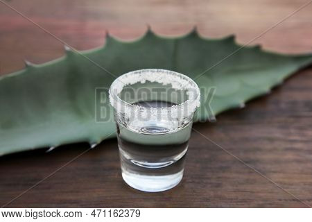 Mexican Tequila Shot With Salt And Green Leaf On Wooden Table, Closeup. Drink Made Of Agava