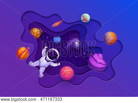 Cartoon Space Paper Cut With Astronaut, Starry Galaxy And Planets. Vector Funny Cosmonaut Float In W