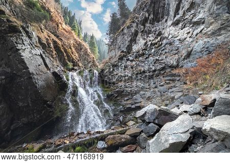 Ayusai Waterfall 2 In Bear Gorge Of Almaty Mountains, Ile Alatau Parkland, Picturesque Nature Of Kaz