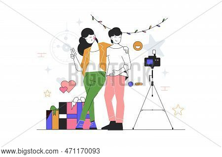 Holiday Photo For A Young Couple, Vector Illustration. Photo Session On A Festive Background With Gi