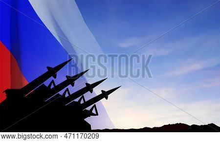 The Missiles At The Sky At Sunset With Russian Flag. Nuclear Bomb, Chemical Weapons, Missile Defense