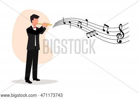 Business Flat Drawing Male Musician Playing Flute, Standing In Suit. Flutist Performing Classical Mu