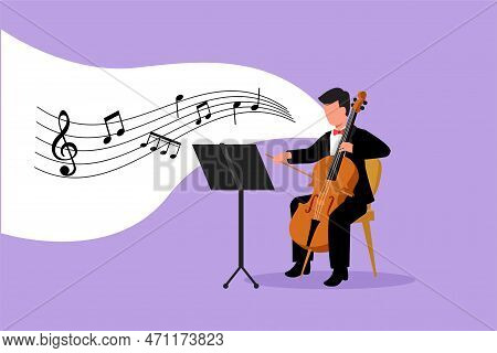 Business Flat Style Drawing Young Male Performer Playing On Contrabass. Cellist Man Playing Cello, M