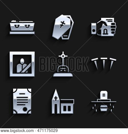 Set Grave With Cross, Church Building, Coffin, Metallic Nails, Death Certificate, Mourning Photo Fra