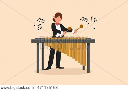 Business Design Drawing Woman Percussion Player Play Marimba. Young Female Musician Playing Traditio