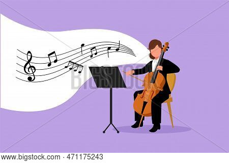 Business Flat Drawing Young Talented Female Performer Playing On Contrabass. Cellist Woman Playing C