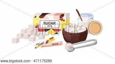White Beet Granulated, Refined Sugar Packed In Box Package For Cube Pieces, Bowl, Sand In Jar With S