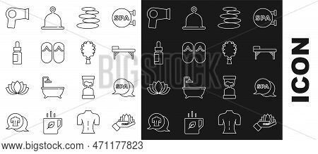 Set Line Lotus Flower, Spa Salon, Massage Table, Stack Hot Stones, Flip Flops, Essential Oil Bottle,