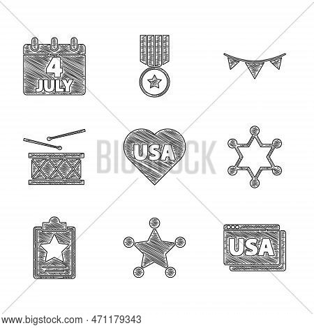 Set Usa Independence Day, Hexagram Sheriff, On Browser, Drum And Drum Sticks, Carnival Garland With 