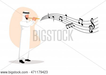 Business Flat Cartoon Drawing Arabian Male Musician Playing Flute. Flutist Performing Classical Musi