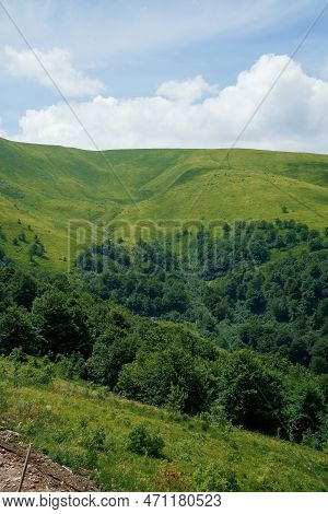 Beautiful Summer Mountain Landscape, Forest, Clouds. Mount Gemba Pylypets Ukraine. Ukrainian Mountai